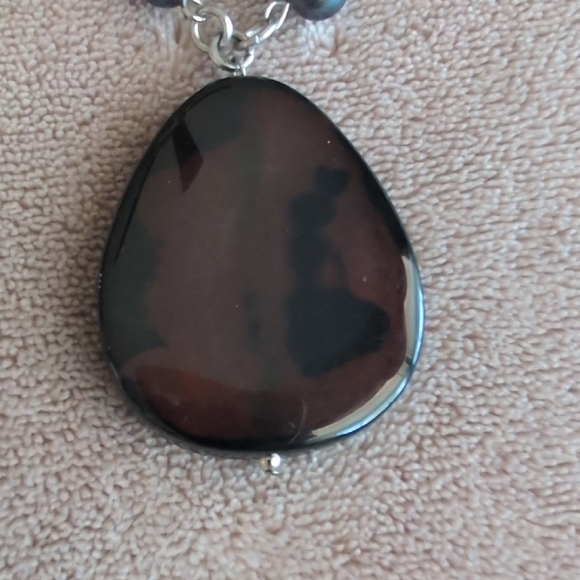 Costume Necklace large Brown Medallion Black Beaded - Picture 2 of 6